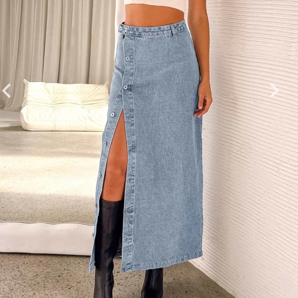 Beginning Boutique Light Blue Denim Maxi Skirt with Side Buttons & Slit